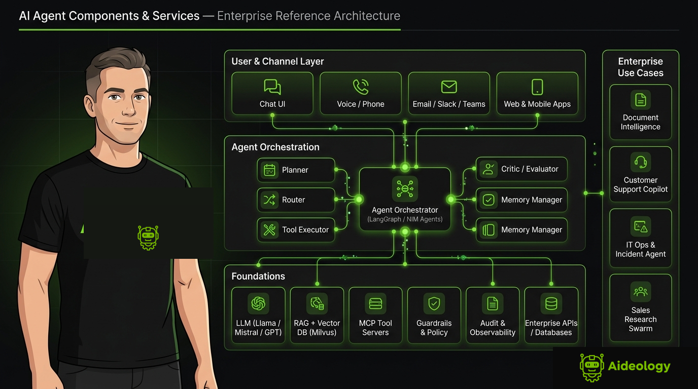 AIdeology Enterprise AI Agent Reference Architecture — User & Channel layer, Agent Orchestration (LangGraph / NIM Agents) and Foundations (LLMs, RAG, MCP, Guardrails, Audit)